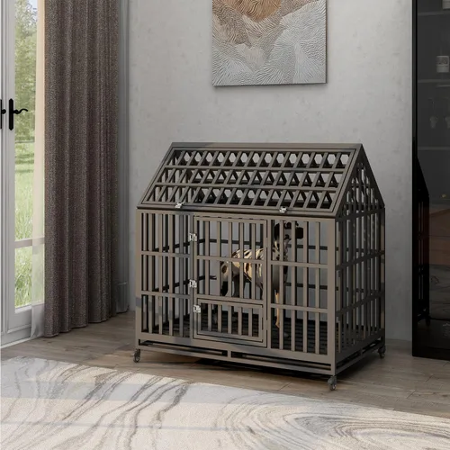 Miniatura 9 de Jaula grande para perros, jaula de hierro galvanizado resistente de 47 pulgadas para perros, muebles con puerta delantera, puerta superior y 4