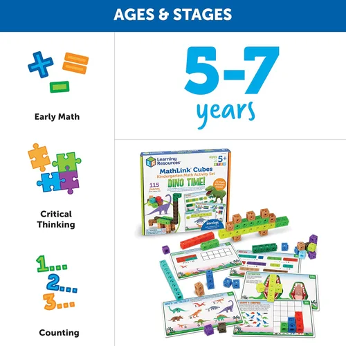 Miniatura 6 de Learning Resources MathLink Cubes - Juego de actividades matemáticas para jardín de infantes: ¡Tiempo de dinosaurio! 115 piezas, a partir de 5 años