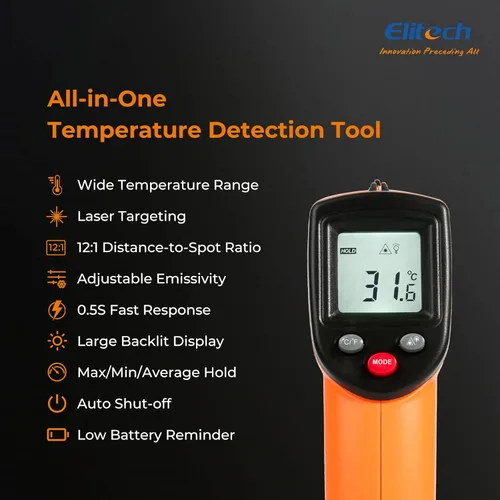 Miniatura 3 de Elitech Pistola de temperatura láser, termómetro infrarrojo digital sin contacto, emisividad ajustable, luz de fondo, de mano para parrilla, carne