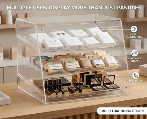 Miniatura 8 de YBSVO vitrina de panadería comercial de 3 niveles, vitrina de repostería de acrílico transparente de 21 pulgadas con bandejas extraíbles, gabinete