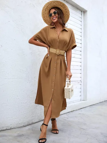 Miniatura 5 de MakeMeChic Vestido largo y fluido para mujer con cuello de murciélago, con abertura frontal, con botones