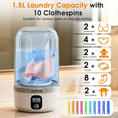 Miniatura 2 de Lavadora portátil, lavadora inalámbrica recargable de 7000mAh con 10 pinzas para ropa Limpieza profunda de ropa de bebé, ropa interior, calcetines