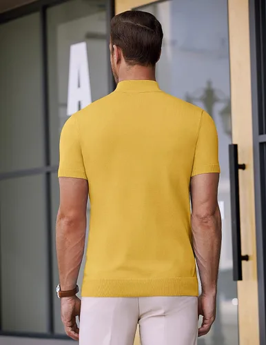 Miniatura 7 de COOFANDY Suéter de cuello alto falso para hombre, de manga corta, color sólido, básico, ajustado, de punto