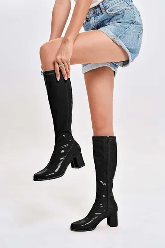 Miniatura 3 de Coutgo Botas altas Gogo para mujer, punta cuadrada, tacón grueso, charol y cremallera sobre la rodilla