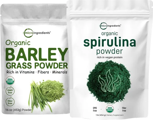 Micro Ingredients Polvo de espirulina orgánica de 1 libra y polvo de hierba de cebada orgánica de 16 onzas, paquete de 2 unidades | Superalimentos