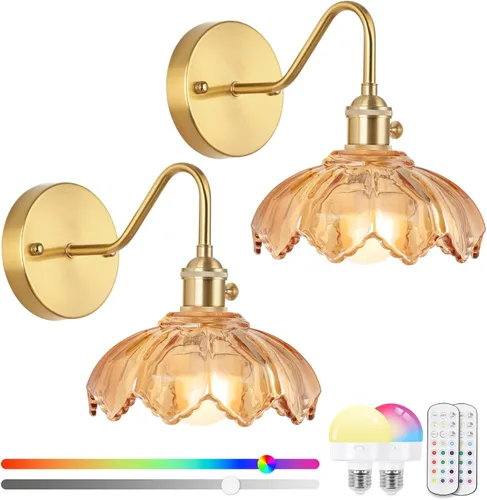 Candelabros de pared de vidrio vintage, luz de pared a batería con control remoto, apliques de pared recargables RGB, sin necesidad de toma de