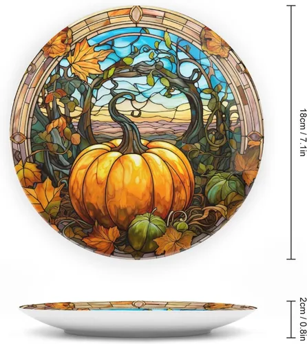 Miniatura 2 de Platos decorativos para colgar en la pared, placa de cerámica con diseño de cristal manchado de arce y calabaza con soporte de exhibición, Diseño