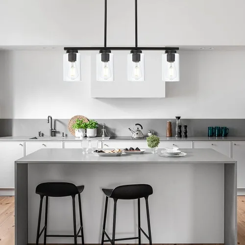 Miniatura 2 de TODOLUZ Lámparas colgantes negras con pantallas de vidrio transparente, 4 luces linares de isla de cocina para granja, comedor, cocina, mesa de Negro