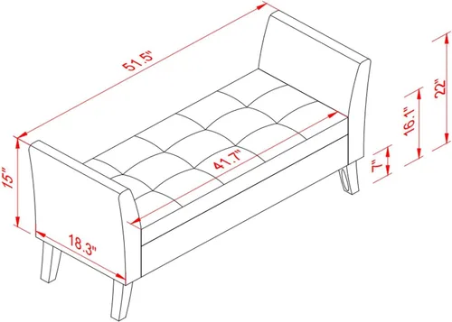 Miniatura 3 de Banco otomano tapizado de tela de terciopelo de 51.5 pulgadas con almacenamiento y brazos, asiento acolchado con patas de madera maciza, asiento
