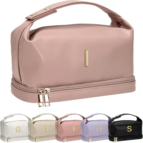 Miniatura 72 de Bolsa de maquillaje con asa, bolsa de cosméticos impermeable de doble capa, bolsas de maquillaje de cuero PU de gran capacidad con letra, bolsa