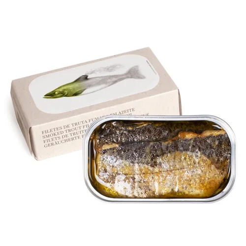 Filetes de trucha ahumados enlatados en aceite de oliva virgen extra de Jose Gourmet, trucha portuguesa capturada en estado salvaje, pescado