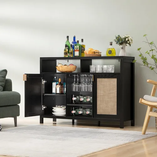 Miniatura 8 de SICOTAS - Gabinete de barra de café de ratán, aparador de buffet de 51" con almacenamiento, gabinete de licor moderno con estantes para vino