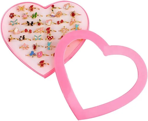 Leadigol 36 anillos de joyería para niña, ajustables, sin duplicación, anillos ajustables en caja, juego de anillos de joyería con vitrina en forma