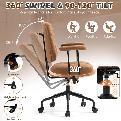 Miniatura 4 de ECOTOUGE Home Office Chair, Adjustable Faux Leather Desk Chair for Home Office, Mid Century Modern Comfy Computer Chair with Wheels, Upholstered