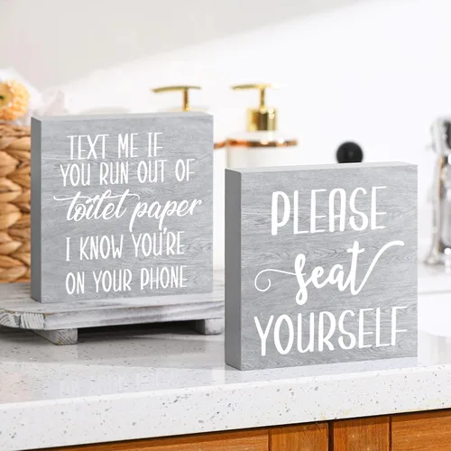 Miniatura 7 de Jetec 2 piezas de decoración de letreros de baño de granja, caja de madera con signo, arte de pared divertido para el baño, placa de madera rústica