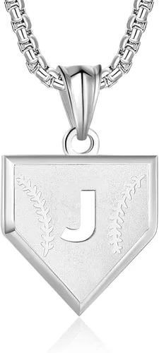Miniatura 12 de Collar con inicial de la A a la Z para niños, de acero inoxidable, con dije de escudo de letra, cadena de 22 + 2 pulgadas, inspirador de béisbol
