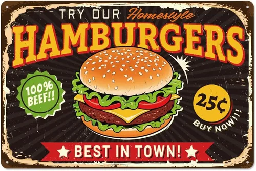 WADORN Best in Town Hamburgers - Letrero de metal vintage, 7.9 x 11.8 pulgadas, diseño retro de hamburguesas, divertido letrero de metal de comida