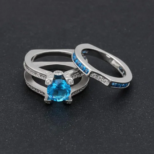 Miniatura 3 de UFOORO Juego de anillos de boda de cristal azul cielo para mujer, chapado en platino
