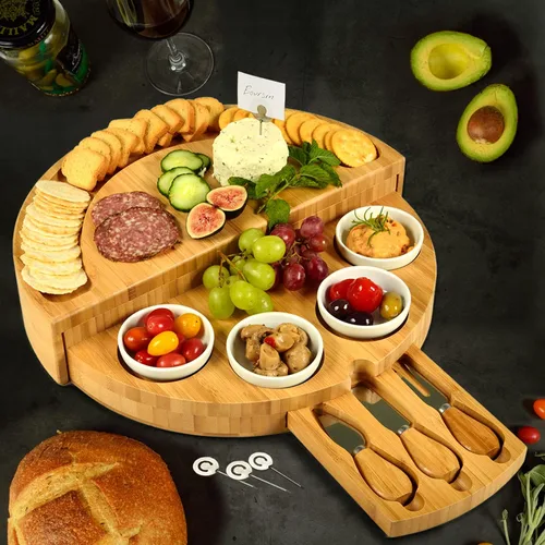Miniatura 9 de Picnic at Ascot Tablero de queso/charcutería de bambú grabado personalizado de lujo con accesorios, diseño innovador patentado, calidad asegurada
