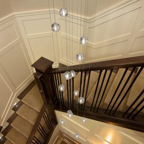 Miniatura 8 de Lámpara de escalera de 14 luces para techo alto, lámpara colgante de cristal moderna ajustable en forma de gota de lluvia, gran luz larga para Dosel