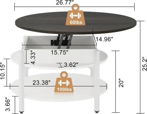 Miniatura 3 de FABATO Mesa de Centro Redonda con Tapa Elevable con Almacenamiento y Compartimento Oculto, 26.77'' Mesa de Centro Estilo Granja para Sala de Estar
