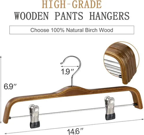 Miniatura 2 de TOPIA HANGER Perchas de madera para pantalones, perchas delgadas de madera natural para faldas con gancho antioxidante y clips de metal ajustables