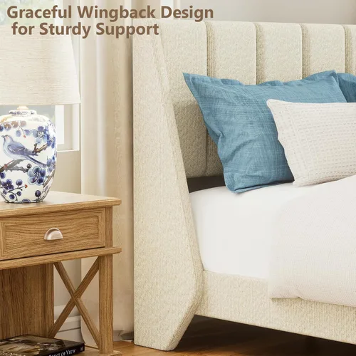 Miniatura 4 de Brafab Full Boucle - Base de cama tapizada con cabecera con respaldo de ala, no necesita somier, fácil montaje, cama de plataforma con listones