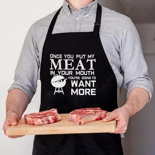 Miniatura 6 de Divertido delantal de parrilla para hombres, Once You Put My Meat - Talla única para todos - Delantal de cocina de chef con tres bolsillos grandes