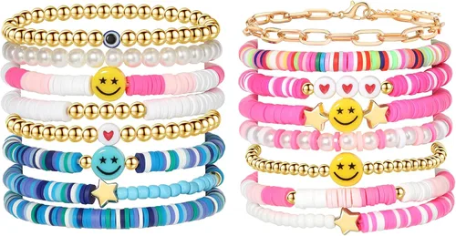 Juego de pulseras Preppy de colores de oro blanco, sonrisa, corazón, estrella, polímero con cuentas de arcilla perla, abalorio apilable Y2K Kidcore
