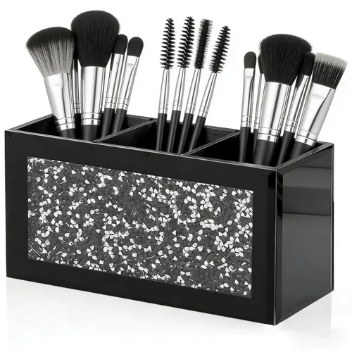 SHYFOY Organizador Portacepillos de Maquillaje Negro, Organizador de Almacenamiento de Cepillos de Cosméticos de 3 Ranuras de Vidrio con Diamante