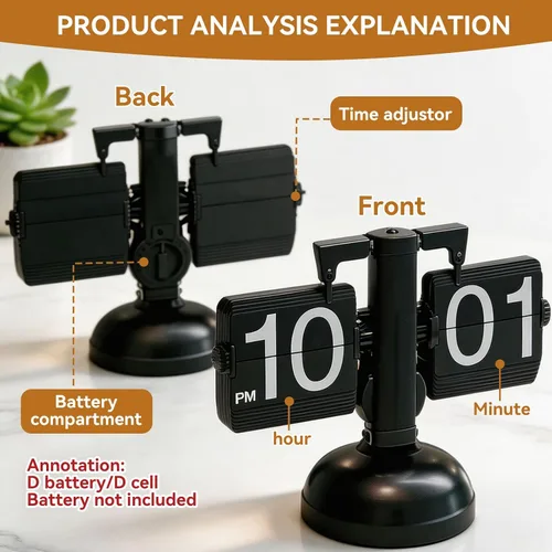 Miniatura 4 de HERCHR Reloj con tapa retro, reloj digital automático con función de página mecánica, reloj de escritorio retro digital abatible, funciona con Negro