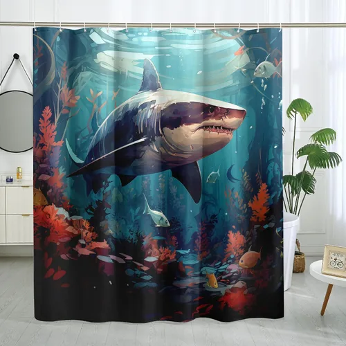 Miniatura 22 de Juego de cortinas de ducha de ballena azul, divertidas cortinas de ducha de dibujos animados de océano para baño, decoración de baño para niños