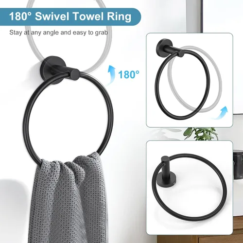 Miniatura 5 de TQKAG Juego de accesorios de baño negro mate, 5 piezas, juego de barra de toalla de acero inoxidable SUS304 juego de estante de toallas redondo