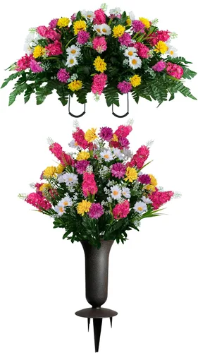 Miniatura 17 de Sympathy Silks Flores artificiales para cementerios – Decoraciones para tumbas - 1 ramo de flores silvestres de violeta púrpura y naranja, 1 montura