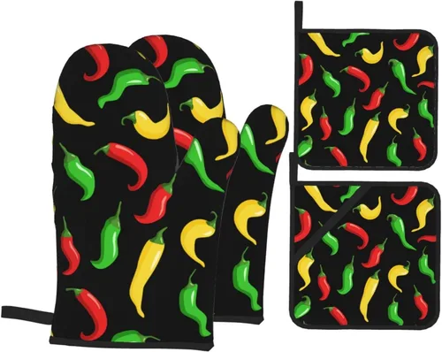 Juego de 4 manoplas de horno y soportes para ollas de chile picante, guantes resistentes al calor para cocina, hornear, asar a la parrilla, barbacoa