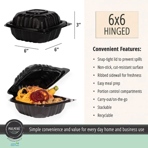 Miniatura 2 de MULMEHË Recipientes de comida para llevar con bisagras de plástico de polipropileno relleno mineral ecológico, 6 x 6 x 3, compartimento único