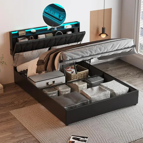 Miniatura 9 de Fameill Marco de Cama Twin con Almacenamiento Elevable, Cabecera Ajustable, Estación de Carga, Luces LED, Listones de Madera, Sin Ruido, No Requiere