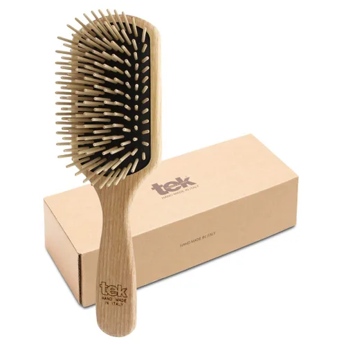 TEK | Cepillo rectangular de madera grande con dientes largos y redondeados en madera de fresno natural, ideal para desenredar, peinar y cuidar