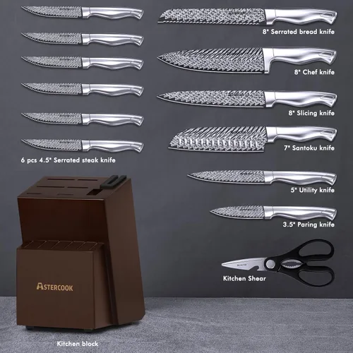 Miniatura 3 de Juego de Cuchillos, Astercook Juego de Cuchillos de Cocina de 15 Piezas con Afilador Integrado, Juego de Bloque de Cuchillos de Acero Inoxidable