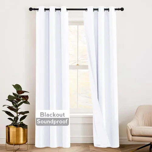 Miniatura 67 de RYB HOME 3 en 1 insonorizadas - oscurecedoras - cortinas de lino con aislamiento, cortinas de ahorro de energía con bloqueo de ruido para Lino blanco