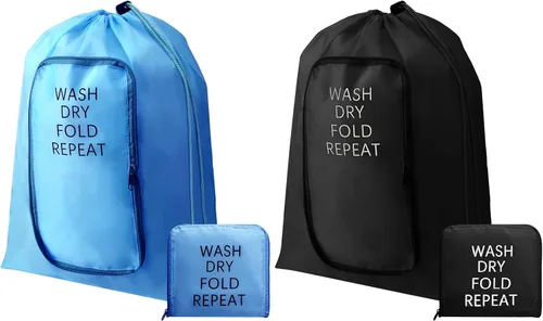 2 piezas de bolsa de lavandería de viaje, lavable, para ropa sucia, con cordón y cremallera para maleta, 22 x 18 pulgadas (negro, azul, clásico)