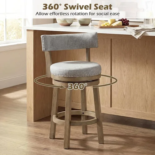 Miniatura 5 de COSTWAY Taburete de bar giratorio de 27 pulgadas, con respaldo acolchado y patas de madera de goma, silla de desayuno para isla de cocina