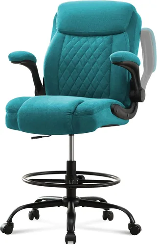 Miniatura 14 de Silla de dibujo alta para escritorio de pie, silla de escritorio alta ergonómica con anillo de pie ajustable, reposabrazos abatibles, soporte Gris