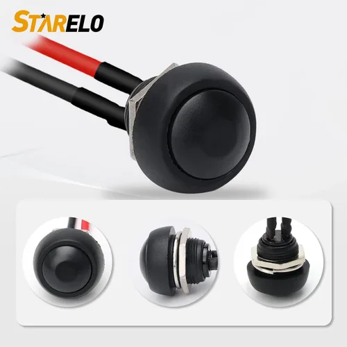 Miniatura 3 de STARELO 6 interruptores de botón momentáneos de 0.472 in, mini interruptor redondo impermeable SPST 3A 125V AC 2Pin 1NO con cable pre-soldado Negro