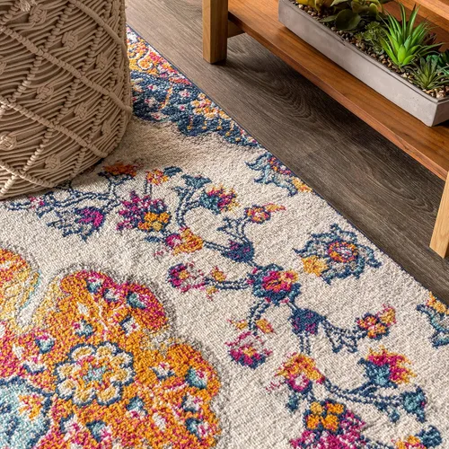 Miniatura 4 de JONATHAN Y Boho Vintage Azul/Multi 6' Alfombra redonda de área estilo bohemio, medallón con estilo bohemio, floral, de fácil limpieza, de alto