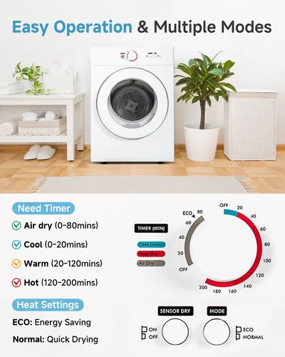 Miniatura 3 de Feelfunn Secadora Compacta de 1.8 Pies Cúbicos - Secadora de Ropa Portátil de 1020W con Tambor de Acero Inoxidable, Carga Frontal por Volteo, Cuatro