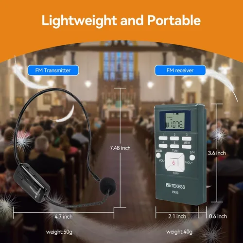 Miniatura 8 de Sistema de traducción para iglesia Retekess con 1 transmisor TR503 y 5 receptores de radio FM PR13, sistema de audición asistida para iglesia