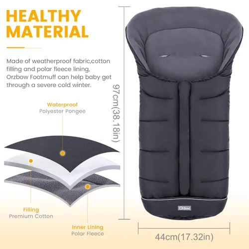Miniatura 6 de Orzbow Saco universal para cochecito, saco de dormir cálido para invierno, impermeable y resistente al viento con forro de polar cálido para Negro