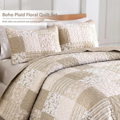 Miniatura 2 de Mybedsoul Juego de edredón bohemio beige tamaño individual, juego de colcha floral a cuadros de 3 piezas, juego de ropa de cama reversible