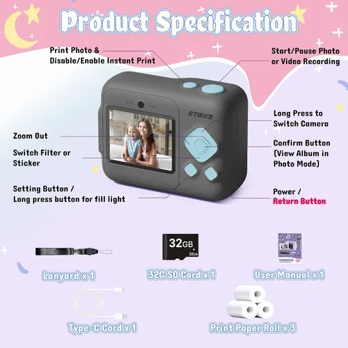 Miniatura 5 de Cámara para niños, cámara de impresión digital instantánea de 1080P para niños, regalos de Navidad y cumpleaños para niñas y niños de 4, 5, 6, 7, 8